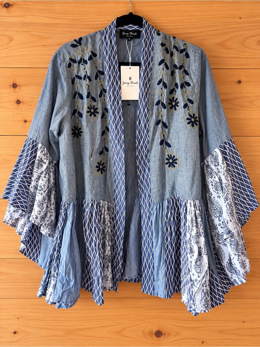 Young threads Blue Embroidered Patchwork Kimono size M NWT